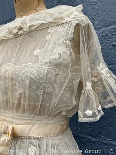 Cream White Edwardian Net Rosebud Afternoon Tea or Bridal Gown with Handmade Lace, Early 1900s