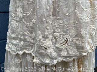 Cream White Edwardian Net Rosebud Afternoon Tea or Bridal Gown with Handmade Lace, Early 1900s