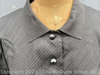 Vintage Nina Ricci Boutique Paris Black Silk Dress Shirt with Diagonal Stitching and Collar Detail.