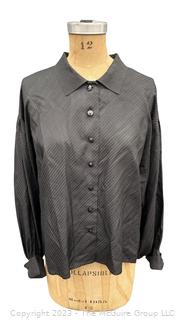 Vintage Nina Ricci Boutique Paris Black Silk Dress Shirt with Diagonal Stitching and Collar Detail.