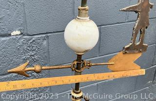 Antique Copper and Porcelain Weathervane on Stand with Lightening Rod.  Stamped with Makers Name, H S HUGHES