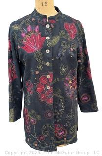 Chico's Art To Wear Cotton Button Up Floral Embroidered Jacket 