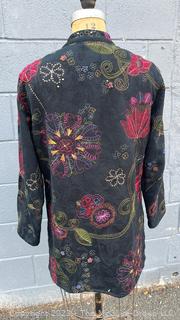 Chico's Art To Wear Cotton Button Up Floral Embroidered Jacket 