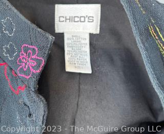 Chico's Art To Wear Cotton Button Up Floral Embroidered Jacket 