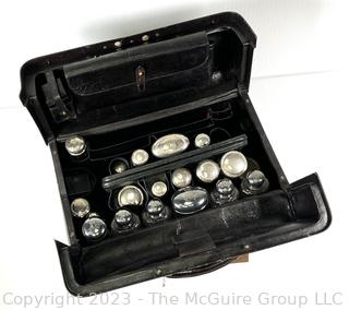 Large Antique French Victorian Era Black Leather Toiletry Case With Engraved Silver Top Glass Bottles, Jars and Canisters, Some Sterling.  