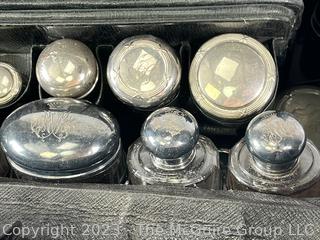 Large Antique French Victorian Era Black Leather Toiletry Case With Engraved Silver Top Glass Bottles, Jars and Canisters, Some Sterling.  