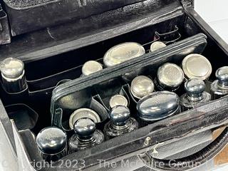 Large Antique French Victorian Era Black Leather Toiletry Case With Engraved Silver Top Glass Bottles, Jars and Canisters, Some Sterling.  