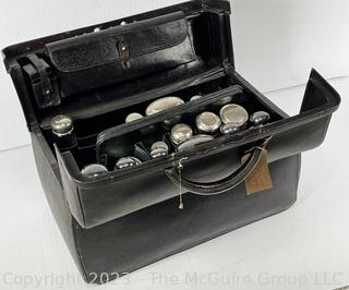 Large Antique French Victorian Era Black Leather Toiletry Case With Engraved Silver Top Glass Bottles, Jars and Canisters, Some Sterling.  