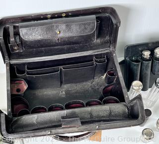 Large Antique French Victorian Era Black Leather Toiletry Case With Engraved Silver Top Glass Bottles, Jars and Canisters, Some Sterling.  