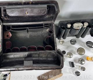 Large Antique French Victorian Era Black Leather Toiletry Case With Engraved Silver Top Glass Bottles, Jars and Canisters, Some Sterling.  