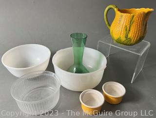 Group of Baking and Servingwares including White Pyrex and Sovirel Bowls, Emile Henry Ramekins and Ceramic Corn Motif Pitcher