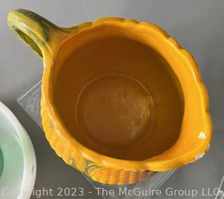 Group of Baking and Servingwares including White Pyrex and Sovirel Bowls, Emile Henry Ramekins and Ceramic Corn Motif Pitcher