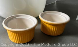 Group of Baking and Servingwares including White Pyrex and Sovirel Bowls, Emile Henry Ramekins and Ceramic Corn Motif Pitcher