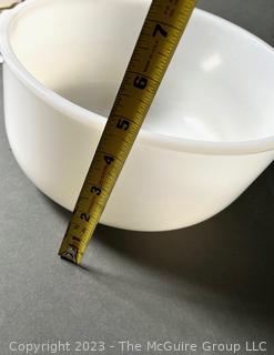 Group of Baking and Servingwares including White Pyrex and Sovirel Bowls, Emile Henry Ramekins and Ceramic Corn Motif Pitcher