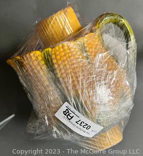 Group of Baking and Servingwares including White Pyrex and Sovirel Bowls, Emile Henry Ramekins and Ceramic Corn Motif Pitcher