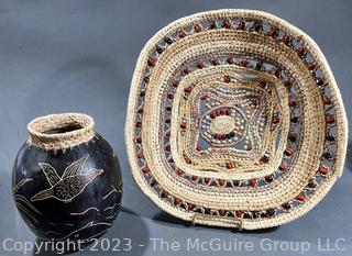 Woven Tribal Basket with Carved Vase.