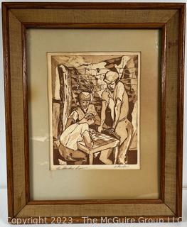 Framed Under Glass Wood Cut Print Titled "The Shady Figure" Signed by Artist V. Reuben.  10 x 12"