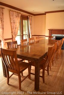 Long Custom Dining Table with Carved Edge and Ten (10) Matching Chairs.  111"L x 41"W X 30".