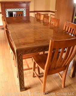 Long Custom Dining Table with Carved Edge and Ten (10) Matching Chairs.  111"L x 41"W X 30".