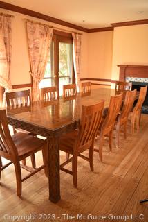 Long Custom Dining Table with Carved Edge and Ten (10) Matching Chairs.  111"L x 41"W X 30".