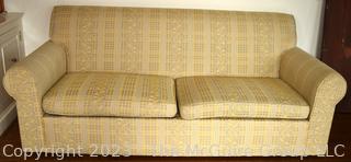 Yellow Brocade Upholstered Two Seat Sofa. 78" x 39" x 35"