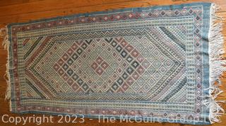 Kurdish Handmade Flatwoven Wool Rug on Blue Ground.  35 x 82"