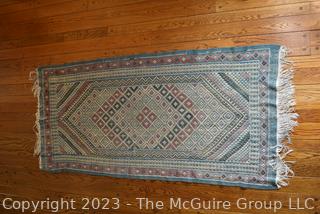 Kurdish Handmade Flatwoven Wool Rug on Blue Ground.  35 x 82"