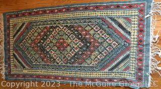 Kurdish Handmade Flatwoven Wool Rug on Blue Ground.  35 x 82"