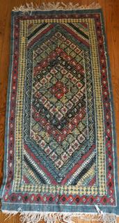 Kurdish Handmade Flatwoven Wool Rug on Blue Ground.  35 x 82"