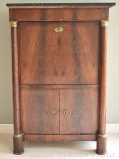 19th Century French Empire Drop Front Desk Secretaire À Abattant With Marble Top and Bronze Ormolu Elements.