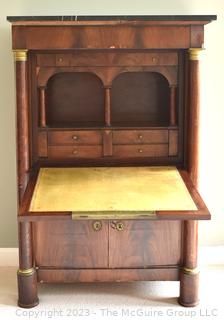 19th Century French Empire Drop Front Desk Secretaire À Abattant With Marble Top and Bronze Ormolu Elements.