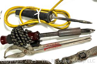 Group of tools including Weller Junior Soldering Iron and Supplies.  Antique Monkey Wrench made by The Billings and Spencer Co., Hartford, Conn. 