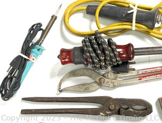 Group of tools including Weller Junior Soldering Iron and Supplies.  Antique Monkey Wrench made by The Billings and Spencer Co., Hartford, Conn. 