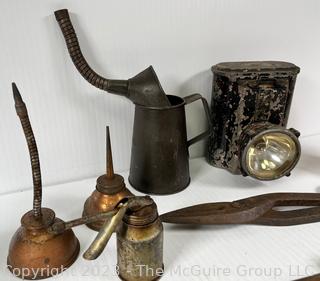 Grouping of Vintage Petrofina, Tin Shears, Early Battery Powered Lanterns and Wood Box  