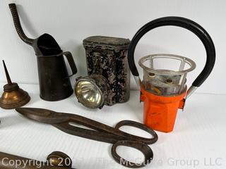 Grouping of Vintage Petrofina, Tin Shears, Early Battery Powered Lanterns and Wood Box  