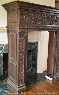 Antique French Renaissance Fireplace Mantel Surround or Chimneypiece in Carved Wood.  Separates into three (3) pieces