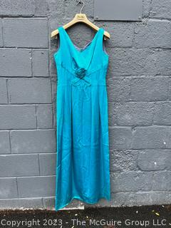 Vintage Sleeveless Blue Silk Satin Evening Gown