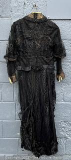 Victorian Black Lace and Bead Mourning Gown.  Condition issues.