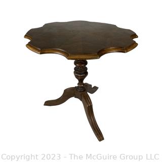 Burlwood Veneer Piecrust Tri-legged Side Table.  Kiel Furniture Co. 