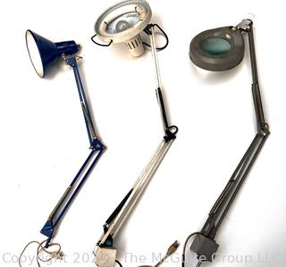 Three (3) Industrial Drafting and Work Lamps and Magnifier