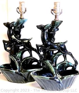 Two (2) Black Pottery Deer Gazelle TV Table Lamp with Planter Dish.  Both of these lamps have been repaired and reglued.  