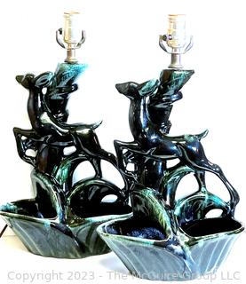 Two (2) Black Pottery Deer Gazelle TV Table Lamp with Planter Dish.  Both of these lamps have been repaired and reglued.  