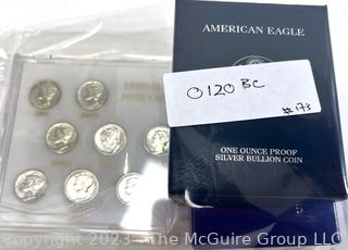 (1) United States Mint American Eagle One Ounce Proof Silver Bullion Coin;  (1) United States Mint Liberty Silver Dollar Coin; and (1) United States Mint Mercury Dimes, 1941-1945