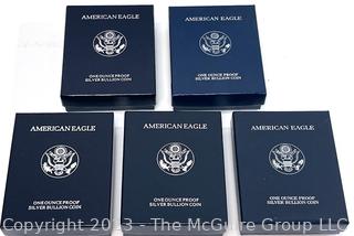 United States Mint American Eagle One Ounce Proof Silver Bullion Coin: Years 1997, 1997, 1997, 2000 and 2003 (x5)