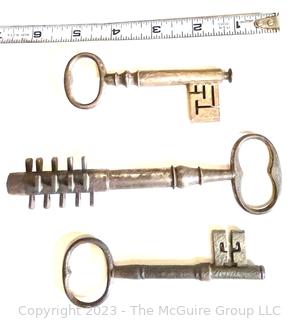 Three (3) Large Antique Skeleton Keys Including Changeable Bit Key, Possibly by Kyle James. 