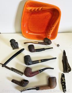 Collection of Smoking Pipes with Mid Century Atomic Ashtray