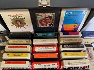 Group of Eight Track Tapes in Carrying Case.  Includes Elvis, Loretta Lynn, Grease Soundtrack, Johnny Cash & Grand Funk Railroad