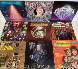 Nine (9) Vinyl LP Record Albums: Kenny Rogers, Commodores, Roy Clark, Earth Wind & Fire, The Partridge Family.