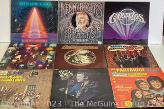 Nine (9) Vinyl LP Record Albums: Kenny Rogers, Commodores, Roy Clark, Earth Wind & Fire, The Partridge Family.