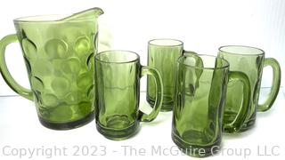 Hazel Atlas Eldorado 56 Oz. Glass Pitcher Avocado Green with Four (4) Mugs